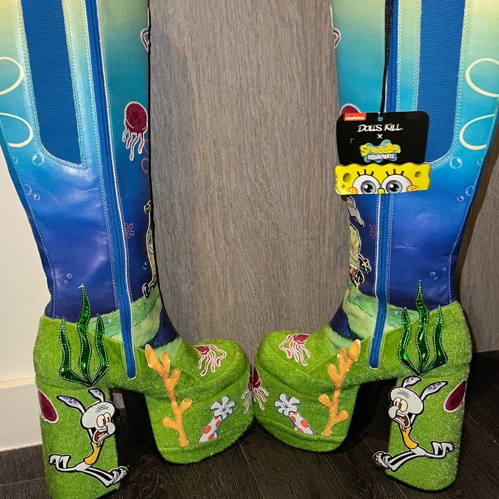 Dollskill x SpongeBob SquarePants Themed Platform Boots - Bright Blue & Green